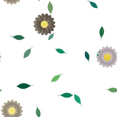 Serbest kompozisyonda yeşil yapraklı basit çiçekler, vektör illüstrasyonu