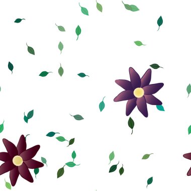 Basit renkli çiçekleri ve arka planda yeşil yaprakları olan güzel kompozisyon, vektör illüstrasyonu