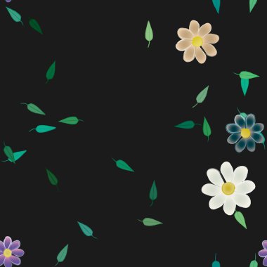 Basit renkli çiçekleri ve arka planda yeşil yaprakları olan güzel kompozisyon, vektör illüstrasyonu