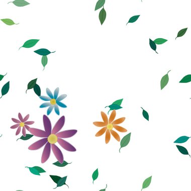 Basit renkli çiçekleri ve arka planda yeşil yaprakları olan güzel kompozisyon, vektör illüstrasyonu