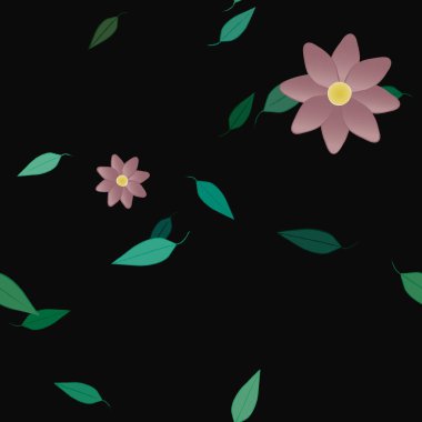 basit renkli çiçekleri olan serbest kompozisyon ve duvar kağıdı için yeşil yapraklar, vektör illüstrasyonu