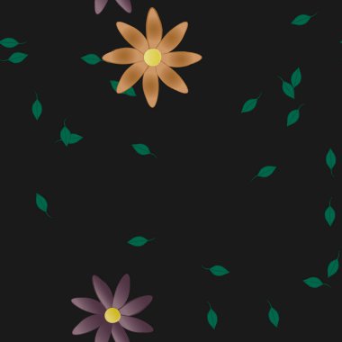 Basit renkli çiçekleri ve siyah arkaplanda yeşil yaprakları olan güzel kompozisyon, vektör illüstrasyonu  