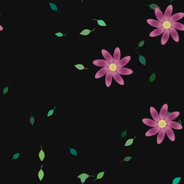Vectorsjabloon Met Eenvoudige Kleurrijke Bloemen Groene Bladeren — Stockvector