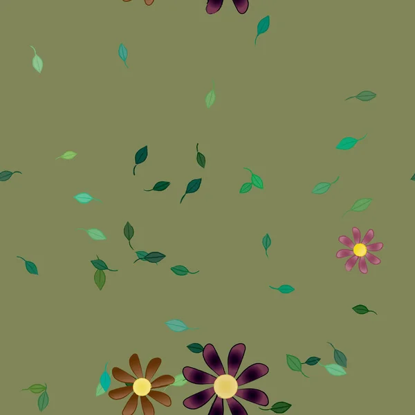 Färgade Blommor Och Gröna Blad Bakgrunden Vektor Illustration — Stock vektor