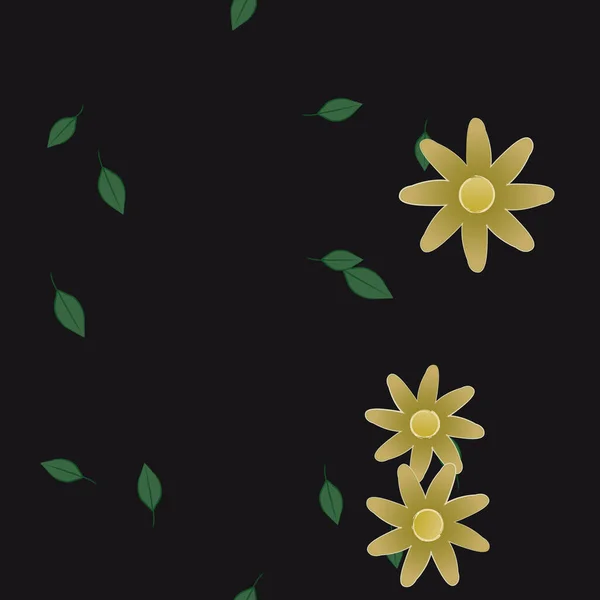 Bella Composizione Con Fiori Colorati Semplici Foglie Verdi Sullo Sfondo — Vettoriale Stock