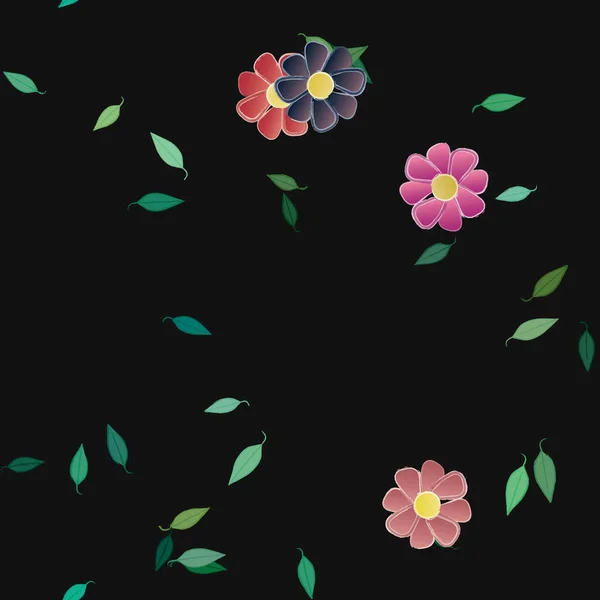 美丽的构图 背景为黑色 花朵纯色 叶绿色 矢量图解 — 图库矢量图片