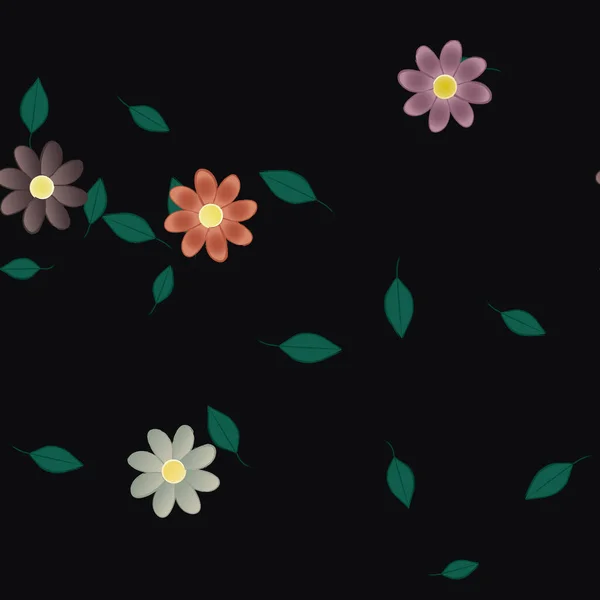 Modèle Vectoriel Avec Des Fleurs Colorées Simples Des Feuilles Vertes — Image vectorielle