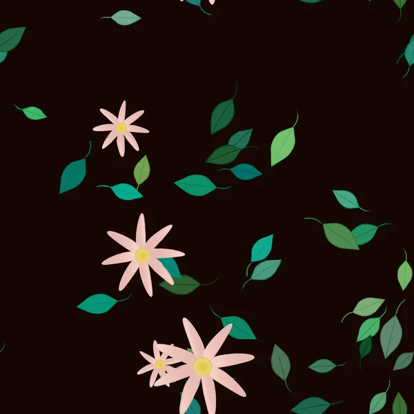 Basit Renkli Çiçekleri Siyah Arkaplanda Yeşil Yaprakları Olan Güzel Kompozisyon — Stok Vektör