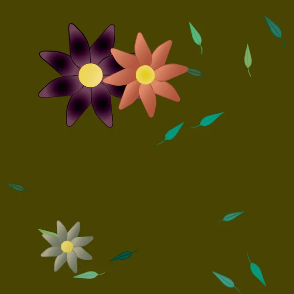 Modèle Vectoriel Avec Des Fleurs Colorées Simples Des Feuilles Vertes — Image vectorielle