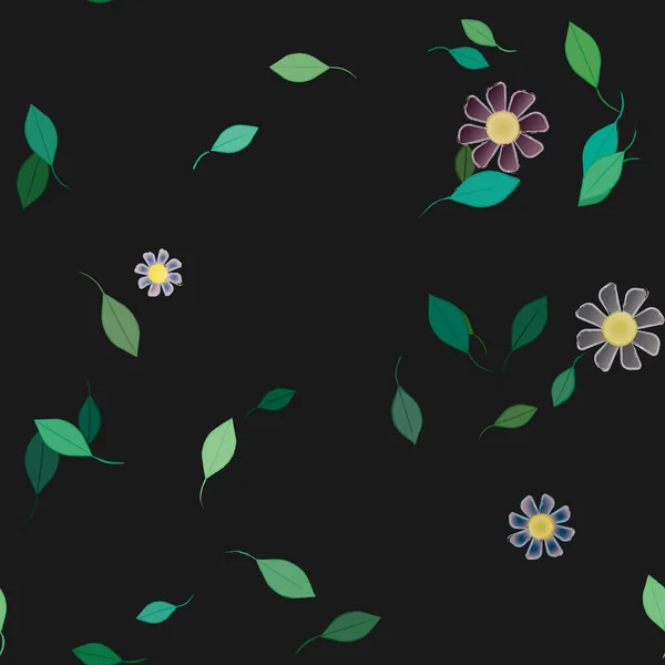 Krásná Kompozice Jednoduchými Barevnými Květy Zelené Listy Černém Pozadí Vektorové — Stockový vektor