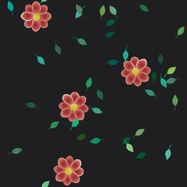 Plantilla Vector Con Flores Coloridas Simples Hojas Verdes — Archivo Imágenes Vectoriales