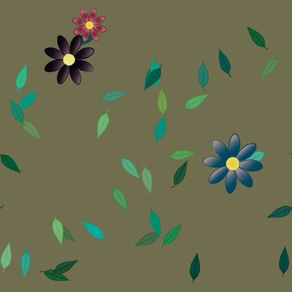 Färgade Blommor Och Gröna Blad Bakgrunden Vektor Illustration — Stock vektor