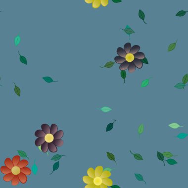 Basit renkli çiçekleri ve mavi arkaplanda yeşil yaprakları olan güzel kompozisyon, vektör illüstrasyonu  