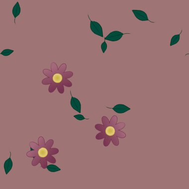 Basit renkli çiçekleri ve arka planda yeşil yaprakları olan güzel kompozisyon, vektör illüstrasyonu