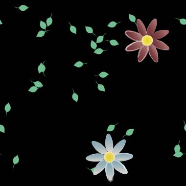 basit renkli çiçekleri olan serbest kompozisyon ve duvar kağıdı için yeşil yapraklar, vektör illüstrasyonu