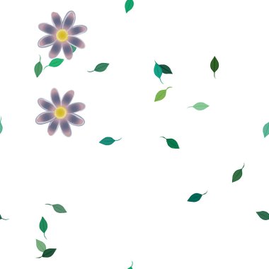 Serbest kompozisyonda yeşil yapraklı basit çiçekler, vektör illüstrasyonu