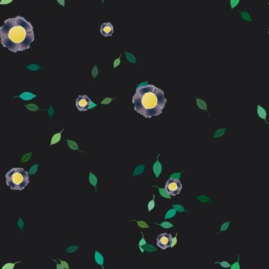 Basit renkli çiçekleri ve arka planda yeşil yaprakları olan güzel kompozisyon, vektör illüstrasyonu