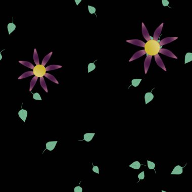 basit renkli çiçekleri olan serbest kompozisyon ve duvar kağıdı için yeşil yapraklar, vektör illüstrasyonu