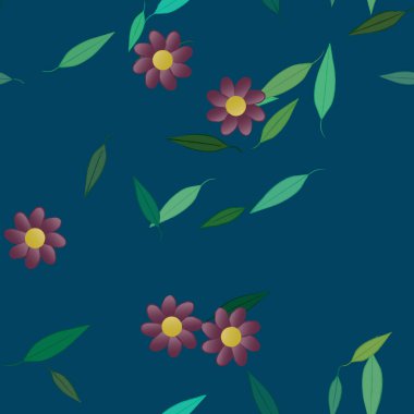 basit renkli çiçekleri olan serbest kompozisyon ve duvar kağıdı için yeşil yapraklar, vektör illüstrasyonu