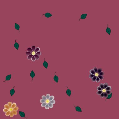 basit renkli çiçekleri olan serbest kompozisyon ve duvar kağıdı için yeşil yapraklar, vektör illüstrasyonu