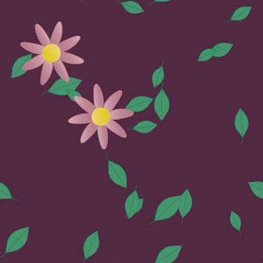 Basit renkli çiçekleri ve arka planda yeşil yaprakları olan güzel kompozisyon, vektör illüstrasyonu