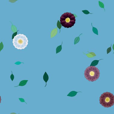 basit renkli çiçekleri olan serbest kompozisyon ve duvar kağıdı için yeşil yapraklar, vektör illüstrasyonu