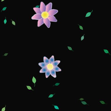 Basit renkli çiçekleri ve arka planda yeşil yaprakları olan güzel kompozisyon, vektör illüstrasyonu