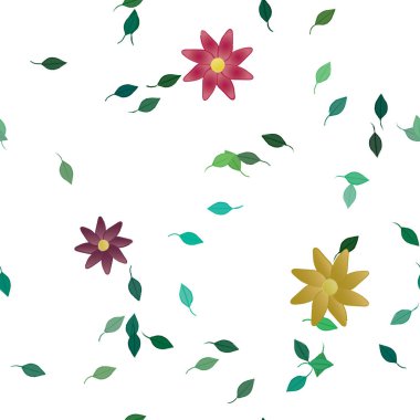 Serbest kompozisyonda yeşil yapraklı basit çiçekler, vektör illüstrasyonu