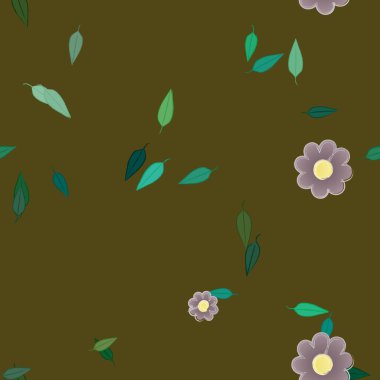 Basit renkli çiçekleri ve arka planda yeşil yaprakları olan güzel kompozisyon, vektör illüstrasyonu