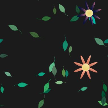 basit renkli çiçekleri olan serbest kompozisyon ve duvar kağıdı için yeşil yapraklar, vektör illüstrasyonu