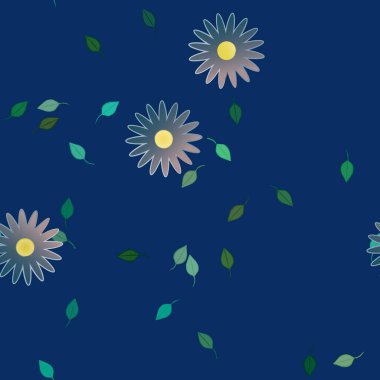 Basit renkli çiçekleri ve arka planda yeşil yaprakları olan güzel kompozisyon, vektör illüstrasyonu