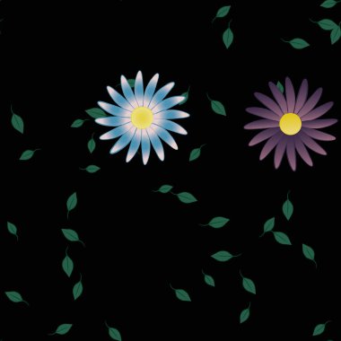 basit renkli çiçekleri olan serbest kompozisyon ve duvar kağıdı için yeşil yapraklar, vektör illüstrasyonu