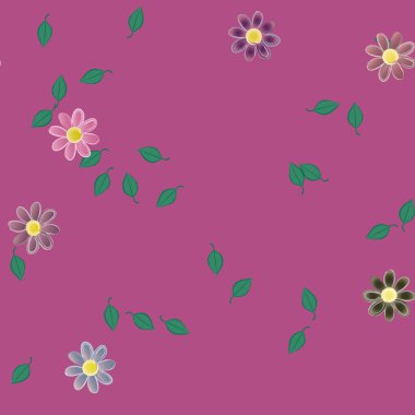 Basit renkli çiçekleri ve arka planda yeşil yaprakları olan güzel kompozisyon, vektör illüstrasyonu