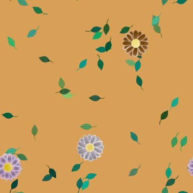 Basit renkli çiçekleri ve arka planda yeşil yaprakları olan güzel kompozisyon, vektör illüstrasyonu