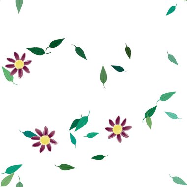 Basit renkli çiçekleri ve arka planda yeşil yaprakları olan güzel kompozisyon, vektör illüstrasyonu