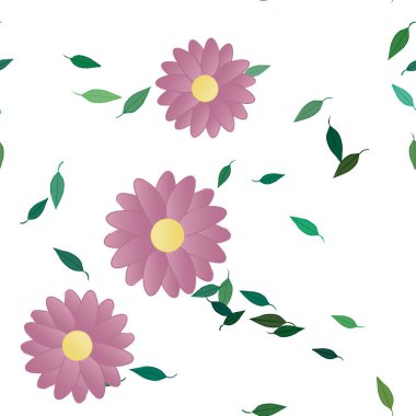 Basit renkli çiçekleri ve arka planda yeşil yaprakları olan güzel kompozisyon, vektör illüstrasyonu