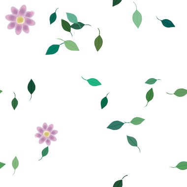 Serbest kompozisyonda yeşil yapraklı basit çiçekler, vektör illüstrasyonu