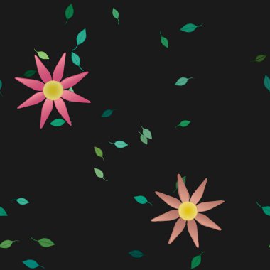 Basit renkli çiçekleri ve arka planda yeşil yaprakları olan güzel kompozisyon, vektör illüstrasyonu