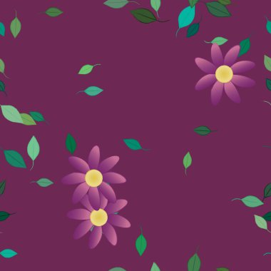 Basit çiçek ve yeşil yapraklı tasarım kompozisyonu, vektör illüstrasyonu