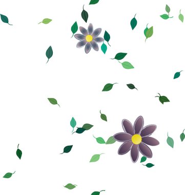 Serbest kompozisyonda yeşil yapraklı basit çiçekler, vektör illüstrasyonu