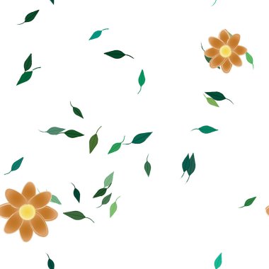 Basit renkli çiçekleri ve arka planda yeşil yaprakları olan güzel kompozisyon, vektör illüstrasyonu