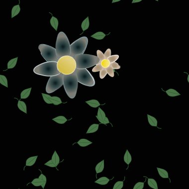 basit renkli çiçekleri olan serbest kompozisyon ve duvar kağıdı için yeşil yapraklar, vektör illüstrasyonu