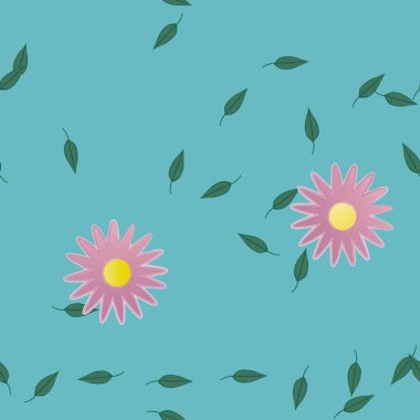 basit renkli çiçekleri olan serbest kompozisyon ve duvar kağıdı için yeşil yapraklar, vektör illüstrasyonu