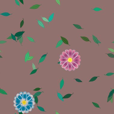 Basit renkli çiçekleri ve arka planda yeşil yaprakları olan güzel kompozisyon, vektör illüstrasyonu