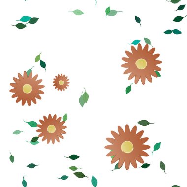 arkaplanda renkli çiçekler ve yeşil yapraklar, vektör illüstrasyonu