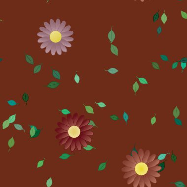 Basit renkli çiçekleri ve arka planda yeşil yaprakları olan güzel kompozisyon, vektör illüstrasyonu