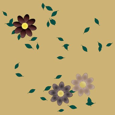 Basit çiçek ve yeşil yapraklı tasarım kompozisyonu, vektör illüstrasyonu