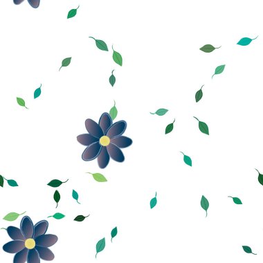 Basit renkli çiçekleri ve arka planda yeşil yaprakları olan güzel kompozisyon, vektör illüstrasyonu