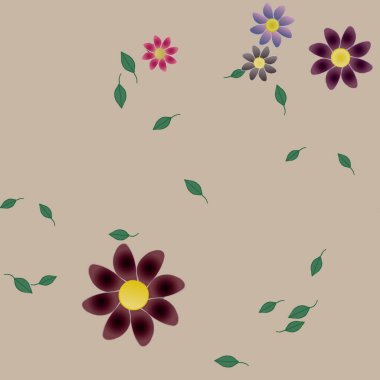 basit renkli çiçekleri olan serbest kompozisyon ve duvar kağıdı için yeşil yapraklar, vektör illüstrasyonu