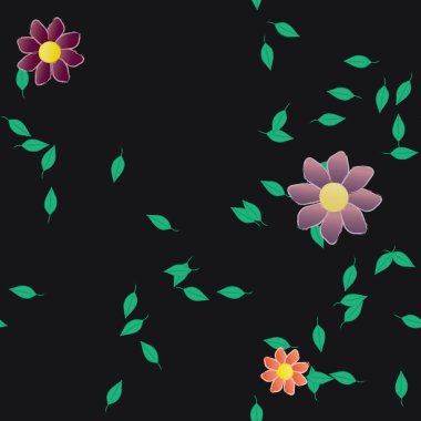 arkaplanda renkli çiçekler ve yeşil yapraklar, vektör illüstrasyonu